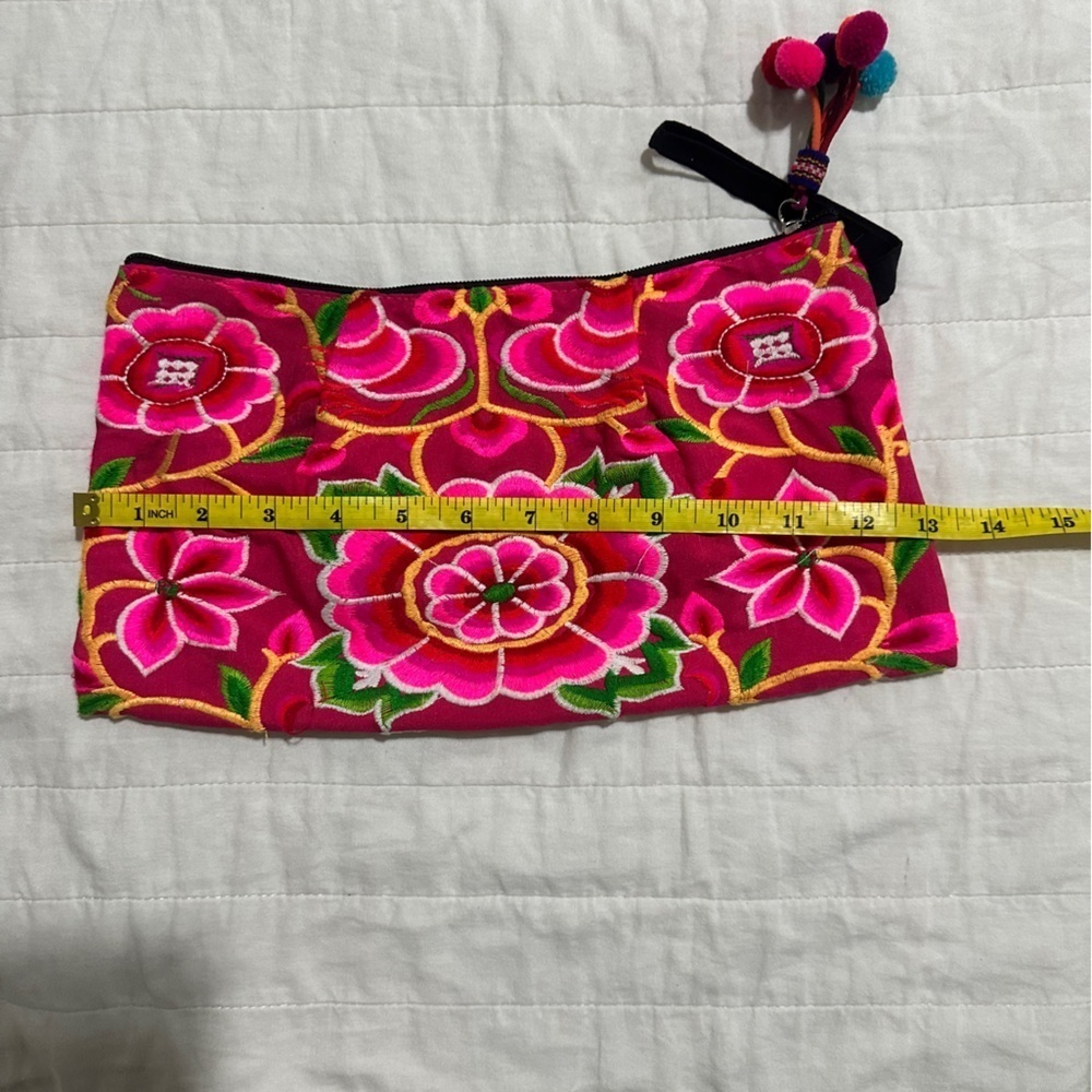 Floral Embroidered Clutch with Pom Poms - Picture 6 of 6